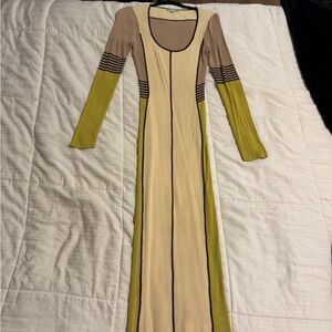 Fashion Nova Tan and Green Long Sleeve Dress